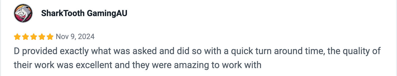 A five star review saying D is amazing to work with